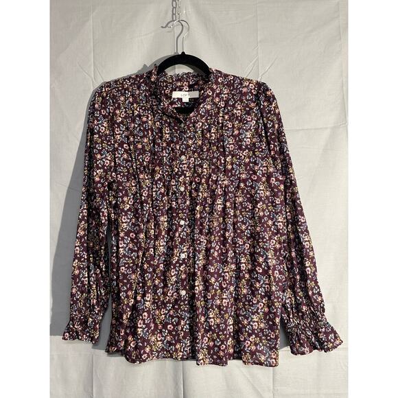LOFT Tops - Loft Top Womens Medium Purple Floral Romantic Pleated Button Boho Ruffle Shirt